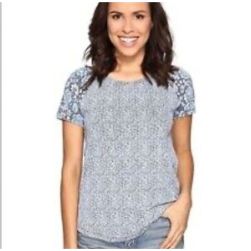 LUCKY BRAND shirt Women Floral Print 1/4 Zip Back Short Sleeve Blue HI-LOW - M